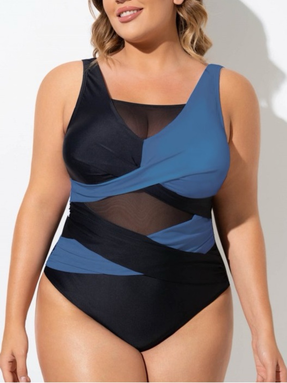 NWT Meet.Curve Mesh Cutout One Piece Swimsuit Blue Black Tummy Control Size 3XL